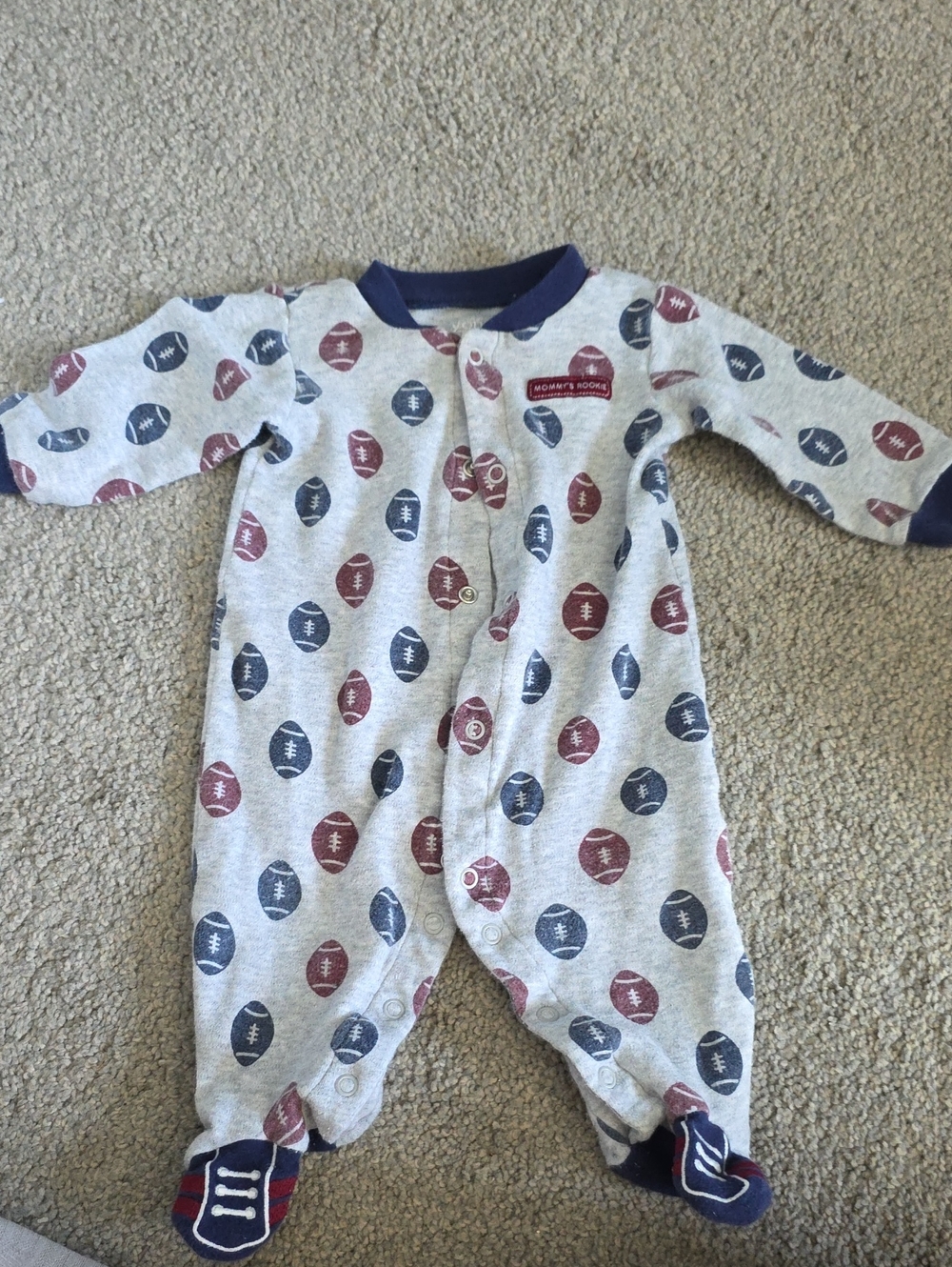 Gray Footed One-Piece with Red & Navy Football Print